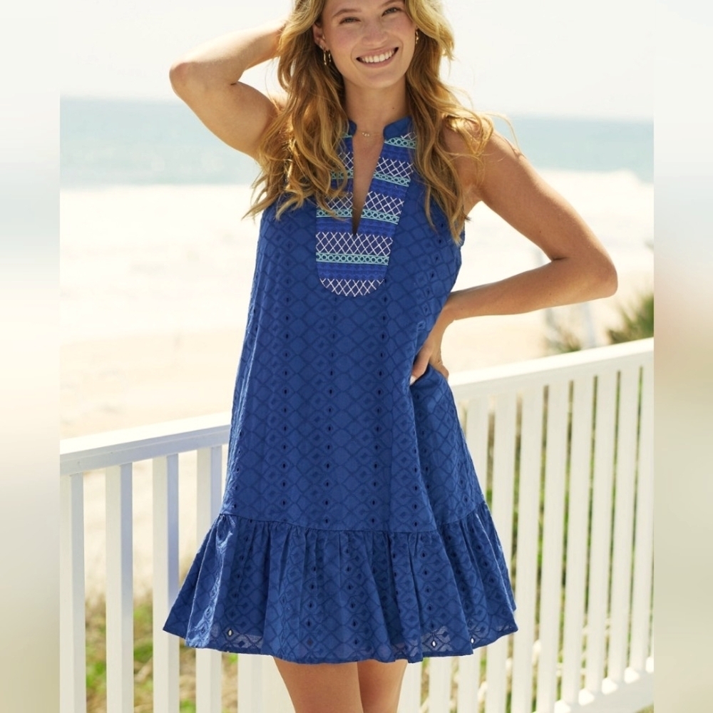 CABANA LIFE Navy Embroidered Eyelet Halter/Tiered Tunic Mini Dress NWT Size M,L
